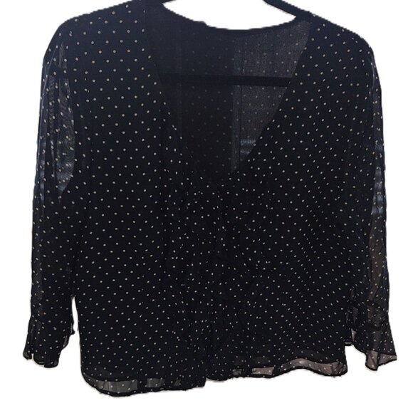 ✨ Black Sheer Polka Dot Blouse – Ruffle Front, Flowy Sleeves - Picture 1 of 2